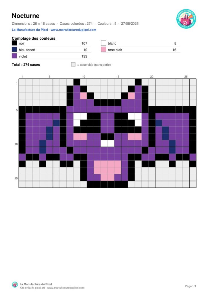 Pixel art chauve-souris Nocturne : modèle gratuit à télécharger